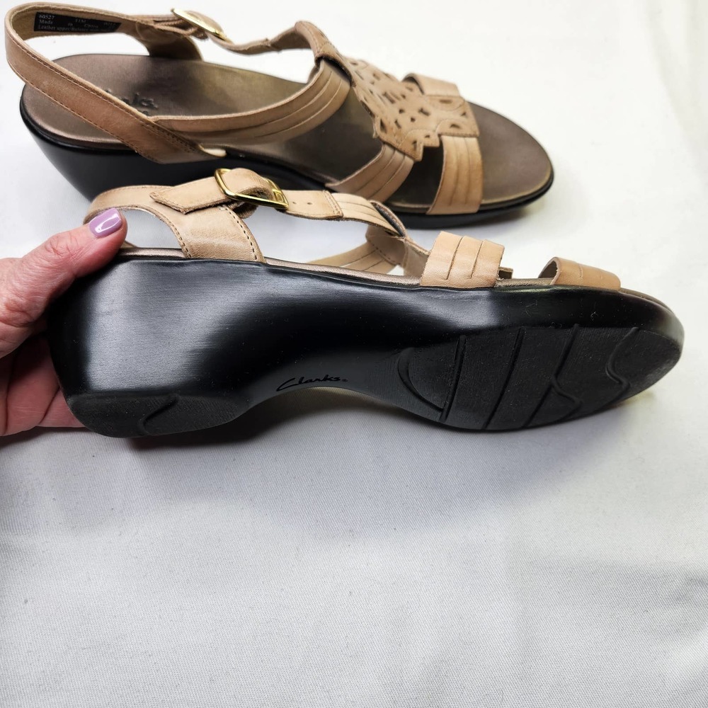 Clarks Leather Sandal Laser Cut Ankle Buckle Strap Bronze Size 11 Wedge Heel - Picture 8 of 8